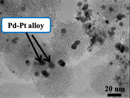 図1. アーク放電を利用して合成したPd-Pt合金ナノ粒子分散カーボンナノホーンの透過顕微鏡写真