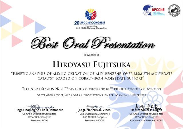 APCChE 2023 Best Oral Presentation Fujitsuka